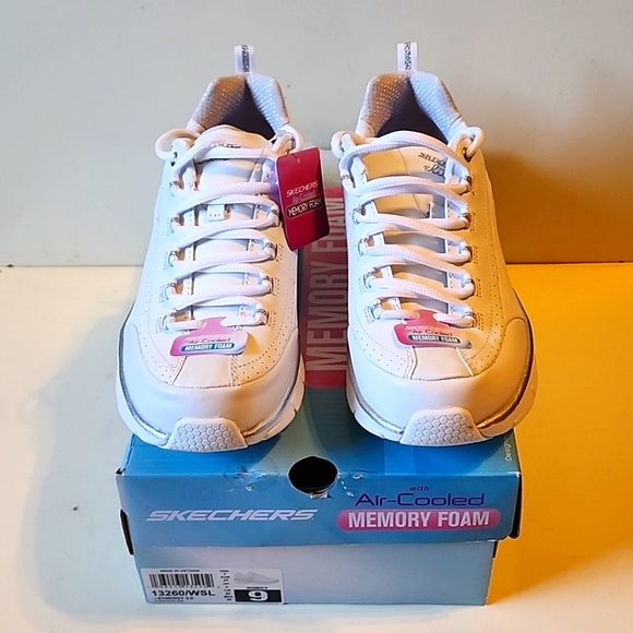 [SOLD]Skechers Elite White and Gray Sparkley Sneakers with Memory Foam - Picture 3 of 11